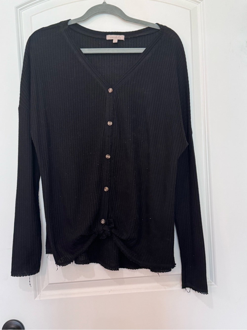 Wonderly Black Waffle-Knit Button-Front Top with Front Twist
